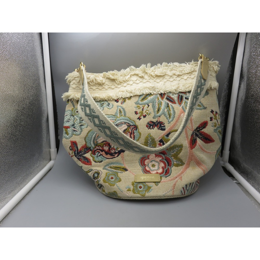 Spartina 449 Embroidered Floral Canvas Hobo Bag Cream Fringe Gold Feet